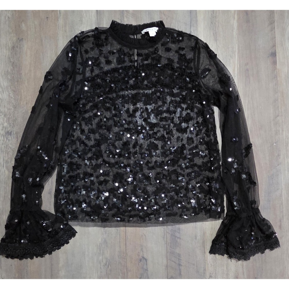 Chelsea & Violet Sequin Sheer Black Mesh Mock Neck Long Sleeve Blouse Women S